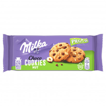 Milka Pieguski Choco Cookies Nut Ciasteczka z kawałkami czekolady mlecznej i orzechami 135 g