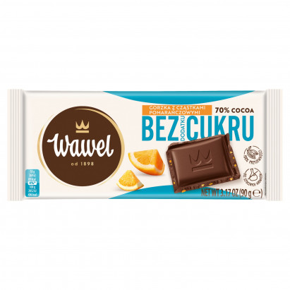 Wawel Czekolada gorzka z cząstkami pomarańczowymi 70 % Cocoa bez dodatku cukru 90 g