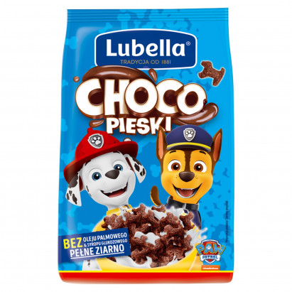 Lubella Choco pieski Zbożowe płatki śniadaniowe w kształcie piesków o smaku czekoladowym 500 g 